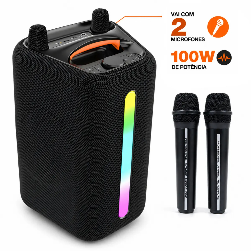 Caixa de Som Bluetooth SomBox Portátil 100W RMS com 2 Microfones Sem Fio TWS USB AUX Rádio e Karaokê