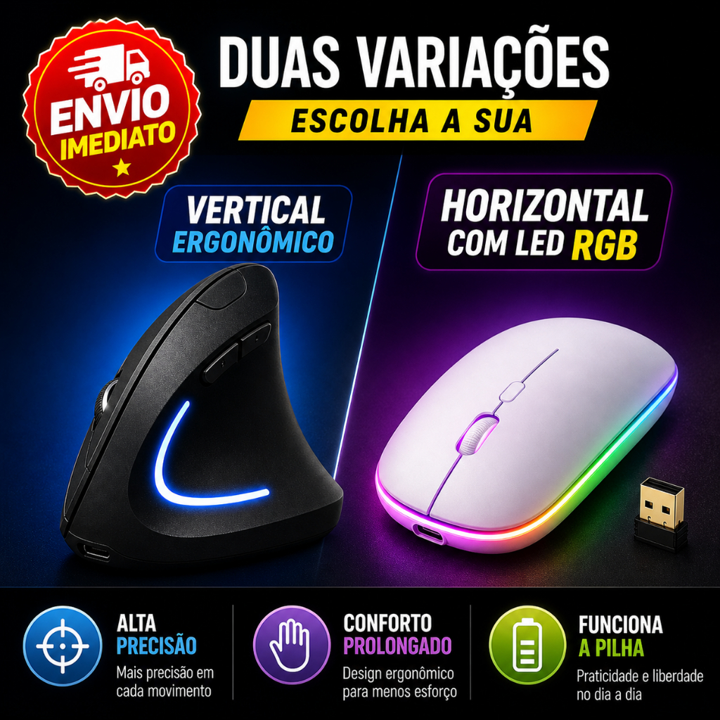 Mouse Sem Fio 2.4GHz Vertical Ergonômico ou Horizontal RGB – DPI Ajustavel Conforto e Precisão Pilha