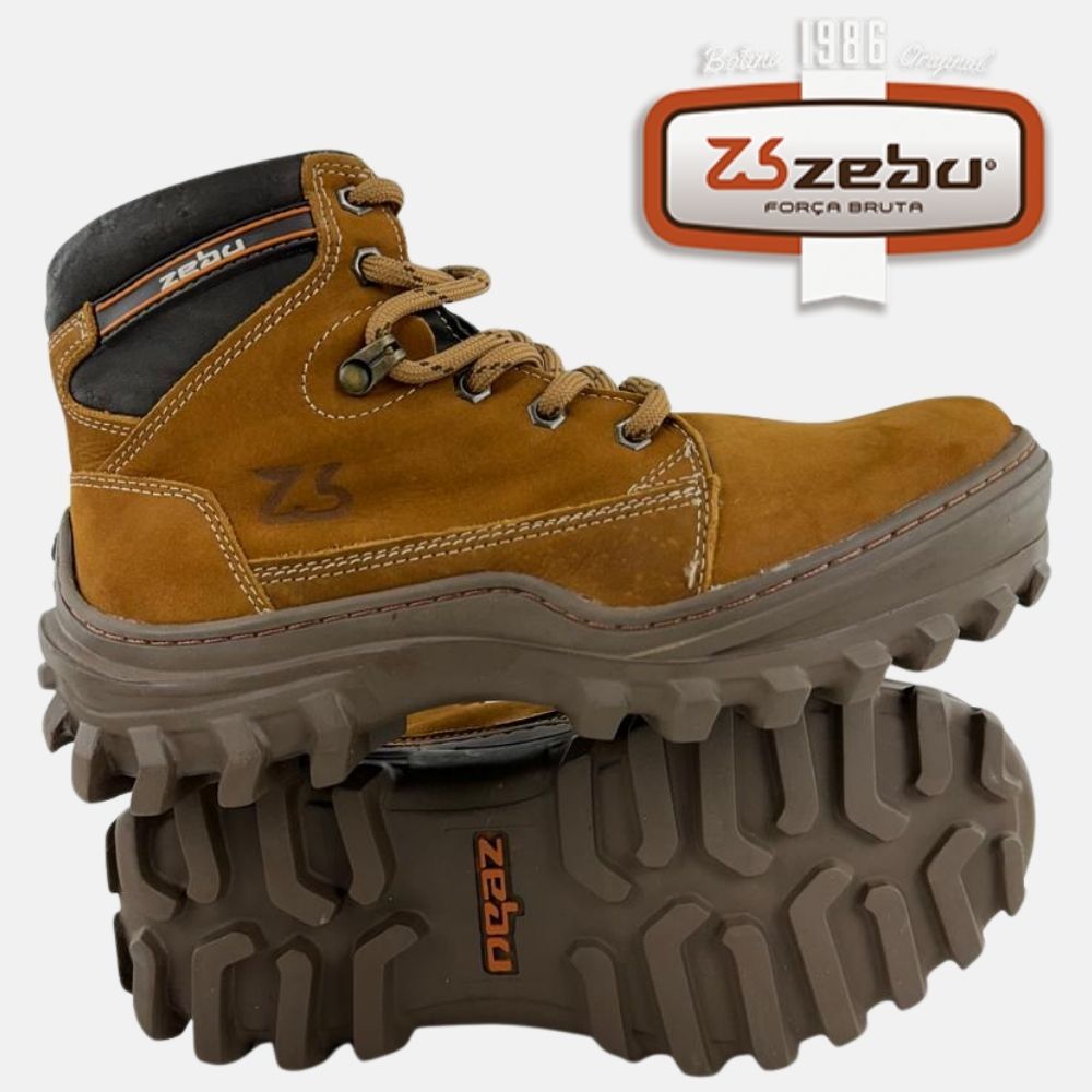 Coturno Masculino Zebu Bico Redondo Couro Nobuck Castor CF/SLA/CF Com 1 Ziper Lateral Ref:65050 NB 09