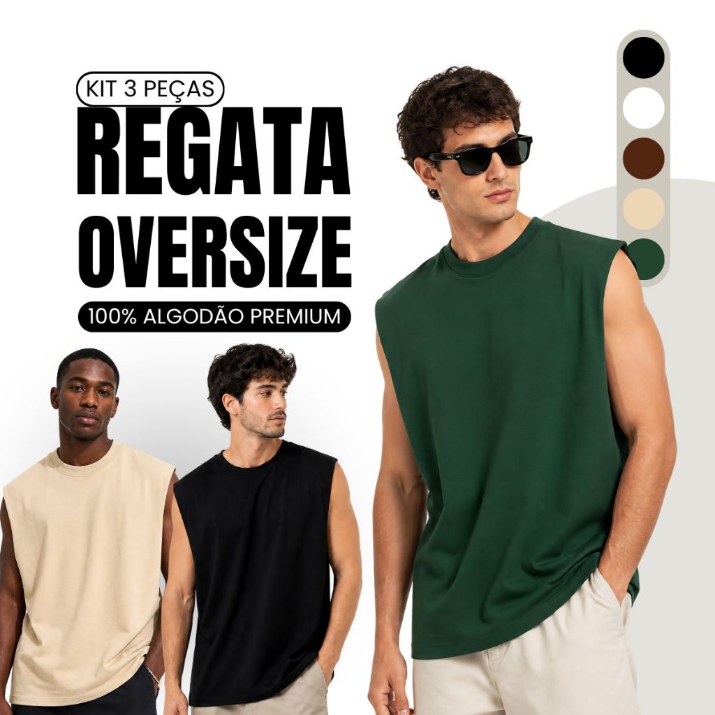Kit 3 Camiseta Regata Masculina Oversized Academia Colete Masculino Machão Longline Lisa Sem Estampa