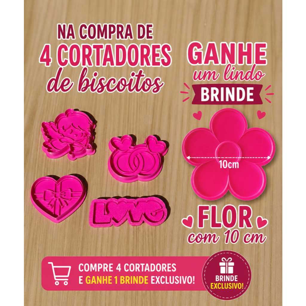 Kit 4 Cortadores Temáticos Dia dos Apaixonados Impressão 3D Formas de Biscoito Amanteigado e Pasta Americana Eu Te Amo