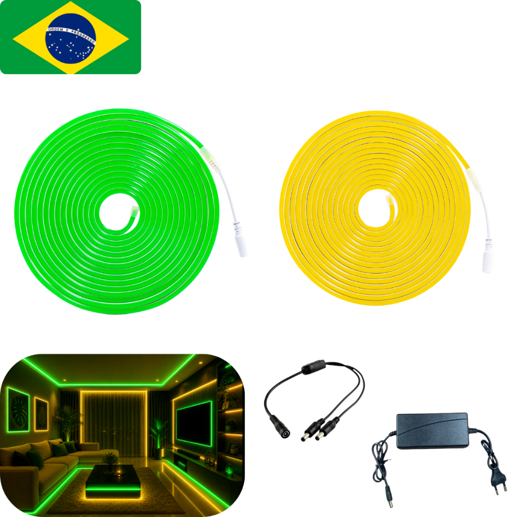 Kit Fita de Neon Led Flexivel Verde E Amarelo + Fonte P4 + Cabo 2 Vias Copa do Mundo Seleção Brasileira