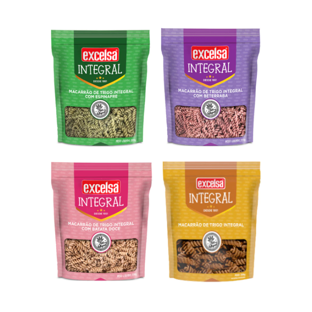 Macarrão Espiral Integral + Beterraba + Espinafre + Batata Doce [4x] 200g - 100% Integral - Vegano - Excelsa