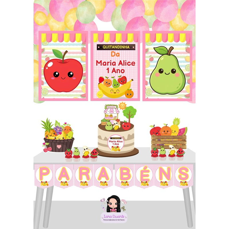 KIT SÓ UM BOLINHO QUITANDINHA DE FRUTINHAS ROSA- Kit Festa Personalizado - Aniversário Infantil - Mêsversario