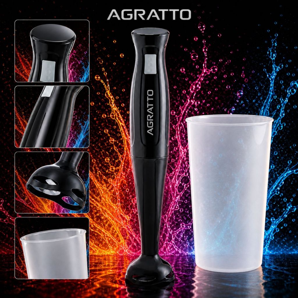 Mixer Agratto Preto com Copo Medidor Super Mixer Elétrico Portátil Potente para Cozinha Vitamina Molhos Cremes Batedor