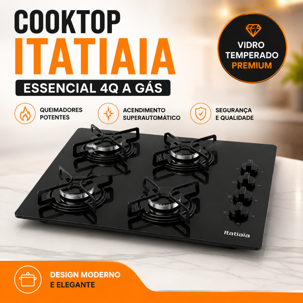 Fogao Cooktop Itatiaia Essencial 4 Bocas a Gás – Moderno, Elegante e Potente  Cooktop
