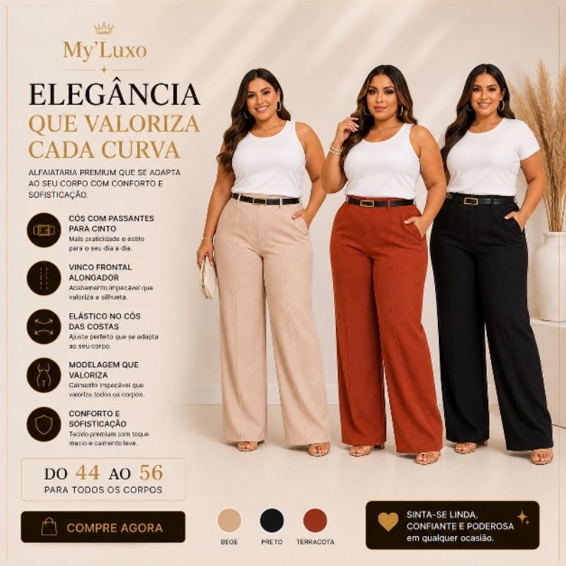Calça Alfaiataria Plus Size Wide Leg Social Pantalona Moda Plus Roupa Plus size Calça plus size