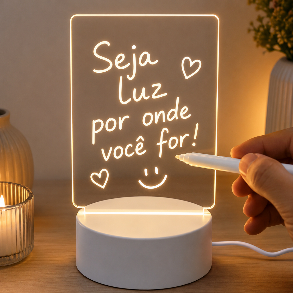 Lousa LED Luminária de Escrever Quadro de Recados Luminoso Acrílico Luz Noturna USB Decorativa
