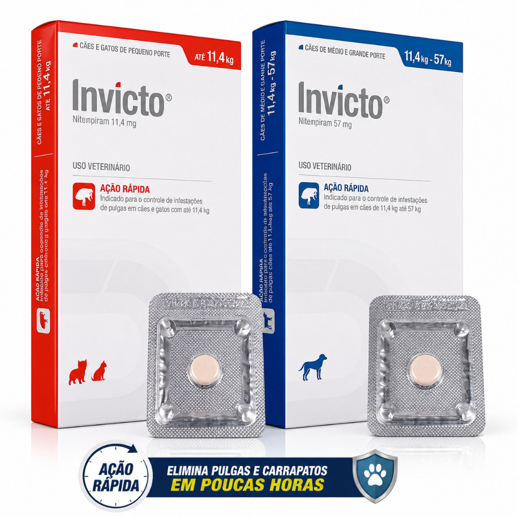Comprimido para Pulgas e Carrapatos Invicto - Antipulgas Até 11,4kg (Cães e Gatos) / Até 57kg (Cães)