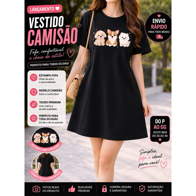 Vestido Camisão Tshirt Estampado Verão Lancamento algodão 30.1 Cachorros