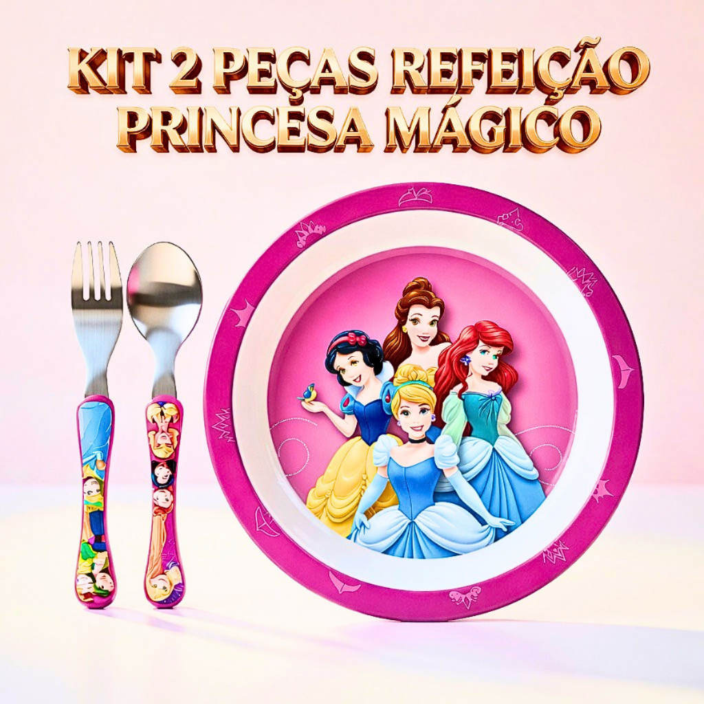 Kit Refeição Infantil 2 Peças Prato Raso + Talheres Inox Melanina Temático das Princesas Conjunto Completo para Crianças