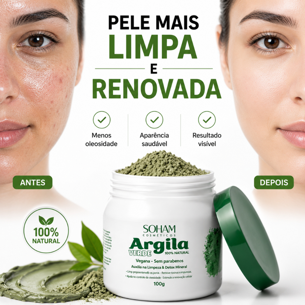 Argila Verde Soham Detox Facial Controle da Oleosidade Cravos e Acne Pele Limpa 100g