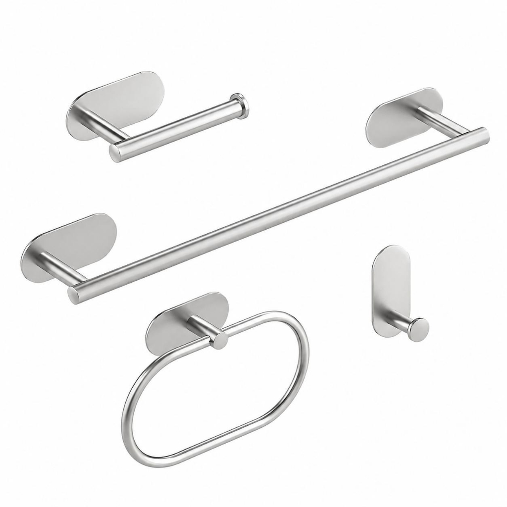 Kit Suportes de Banheiro Porta Toalha de Banho e Rosto, Papeleira e Gancho Prata Aço Inox 304 Sem Furo Adesivo 3M 4 PÇS