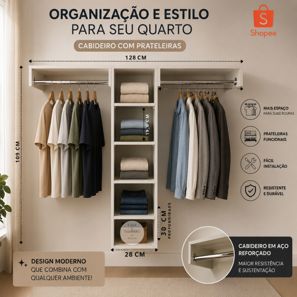 Nicho Suspenso Arara de Parede Aberto com Cabideiro