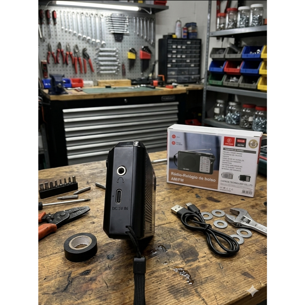Rádio Portátil De Bolso AM/FM Pilha e Cabo Carregador Tipo C Entrada Fone de Ouvido — imagem 2 de 2