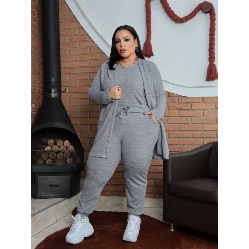 Trijunto Feminino Conjunto lanzinha com 3 peças plus size regata calça cardigan casaco conjunto moletinho de frio