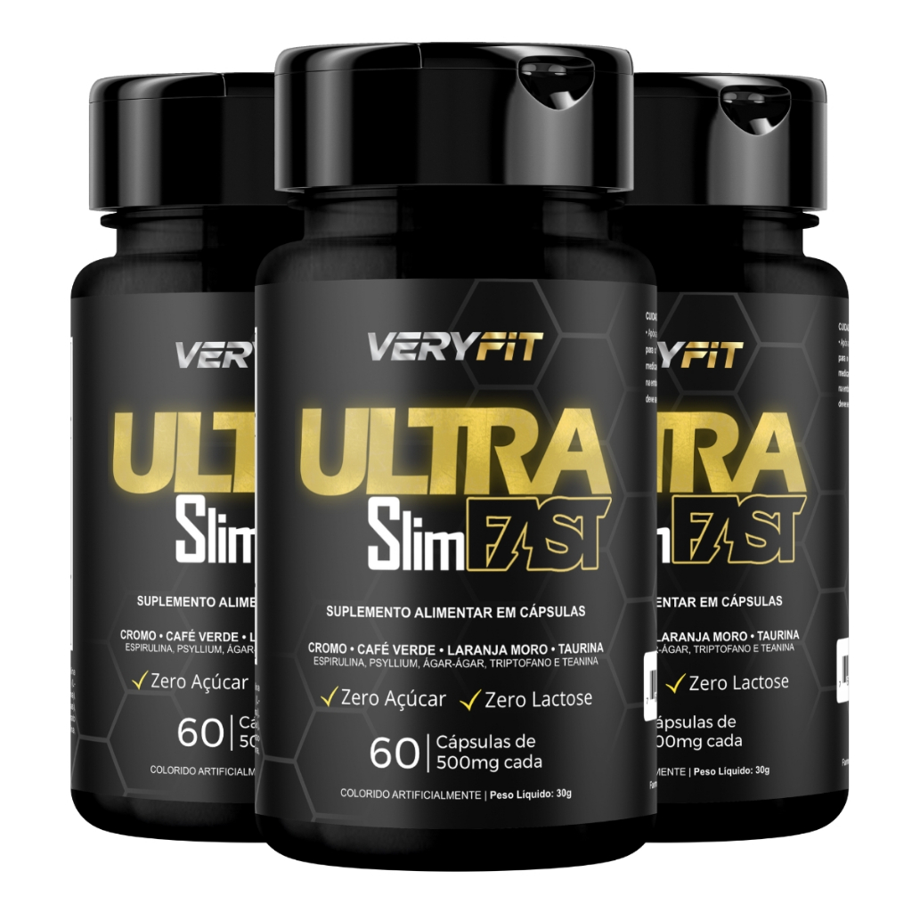 Kit 3 Ultra-Slim-Fast Suplemento Alimentar VERYFIT Cromo Psyllium Spirulina Teanina 60 Cápsulas