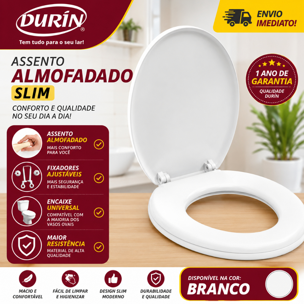 Assento Sanitário Slim Almofadado Universal Oval Branco Fácil Instalação