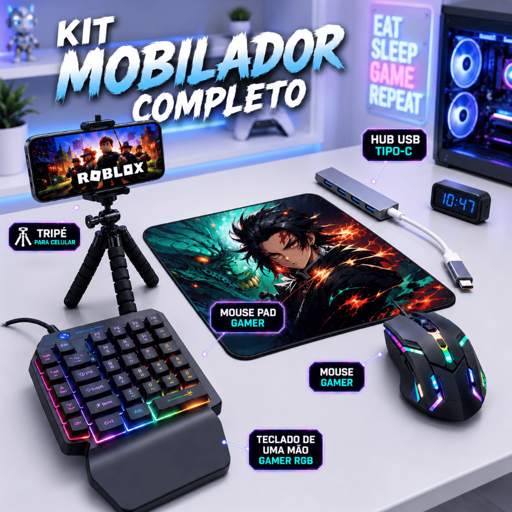 Kit Mobilador Gamer Completo Para Celular Teclado One Hand Mouse RGB Hub USB C Mouse Pad Com Tripé