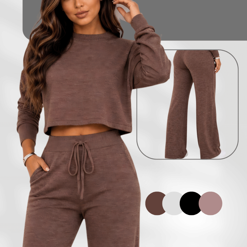 Conjunto Lanzinha inverno frio  meia estacao Calça Blusa Manga Longa Gola Redonda Cós Elástico Preto Cinza Marrom Rosé