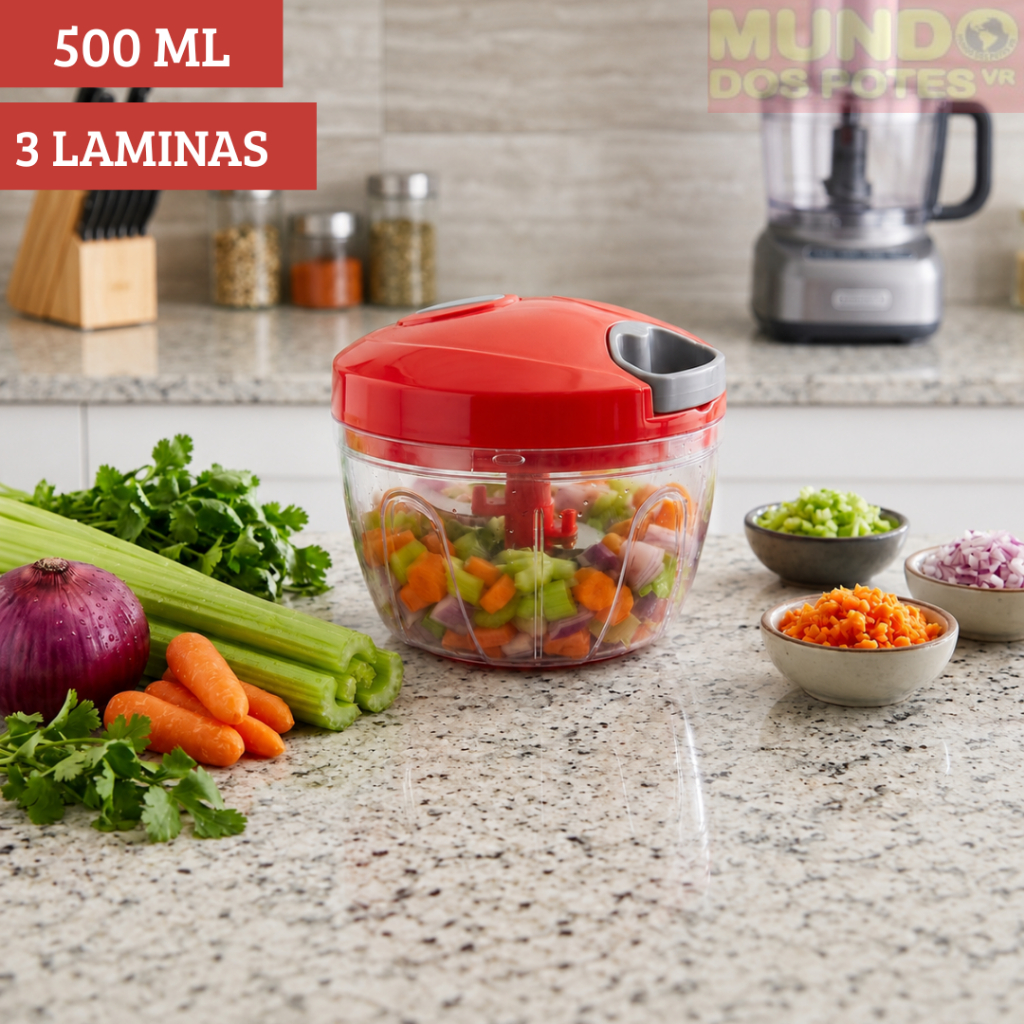 Processador De Alimentos Manual Triturador 3 Lâminas Aço Inox 500 ML Picador Legumes Temperos
