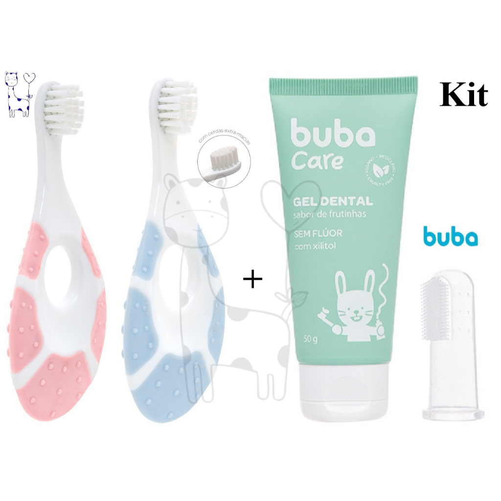Kit Escova de Dente primeiros dentinhos Bebê + Gel Dental Infantil Buba Sem Flúor com escova massageadora Higiene Bucal