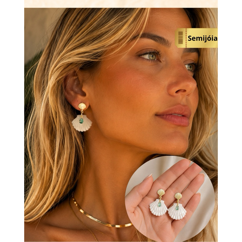 Brinco Concha Cor Pérola Praia com Pedra Turmalina Folheado a Ouro 18K Antialérgico