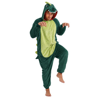 Macacão de dinossauro adulto unisex de zíper peluciado