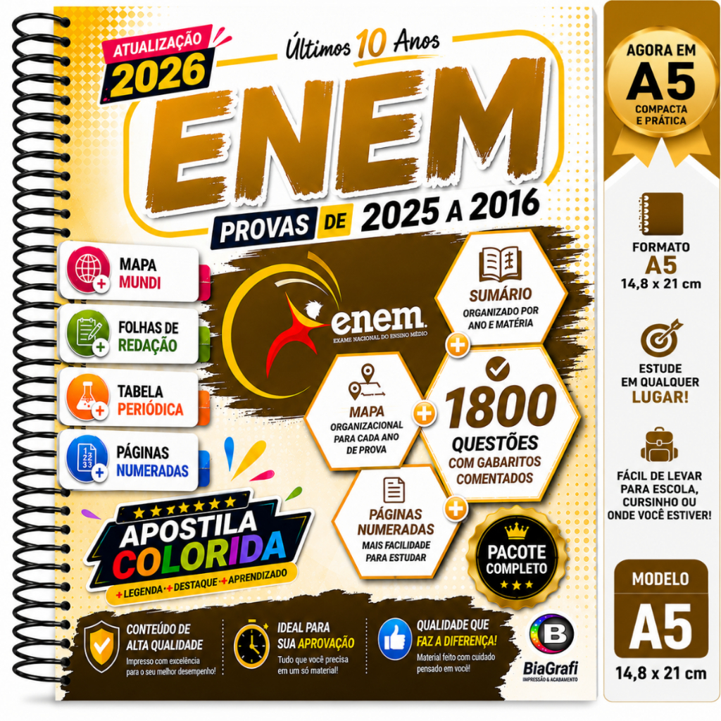 Apostila ENEM 2026 no Tamanho A5 (21x14,8 cm) Provas E Gabaritos Oficiais Últimos 3, 5 ou 10 Anos