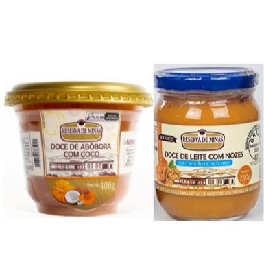 COMBO Doce de Abóbora com Coco 400g RESERVA DE MINAS + Doce De Leite Com Nozes Zero Açúcar 210g