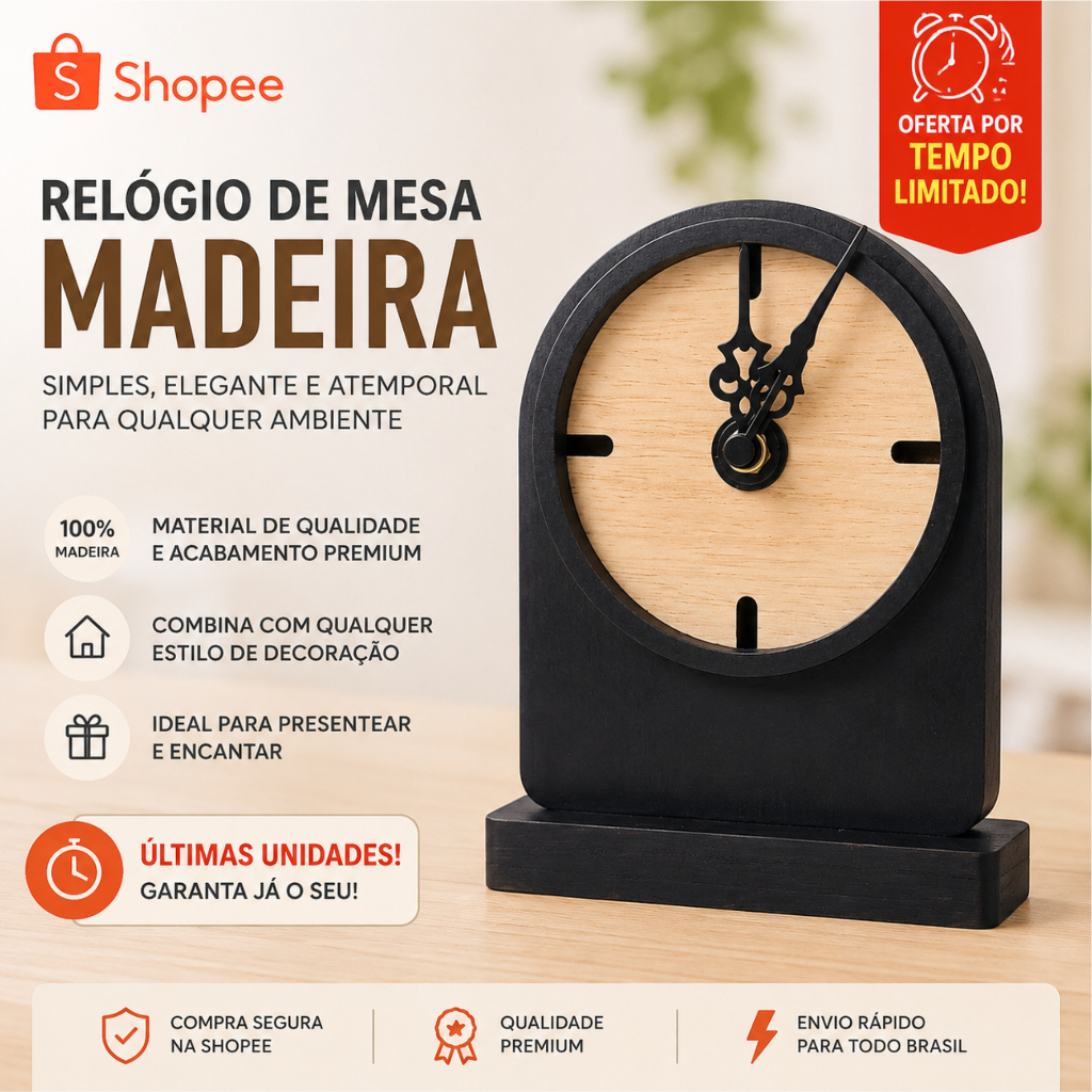 Relógio de Mesa Luxo 15cm MDF Premium Laminado 6m Decorativo Cabeceira Quarto Sala Gourmet Closet
