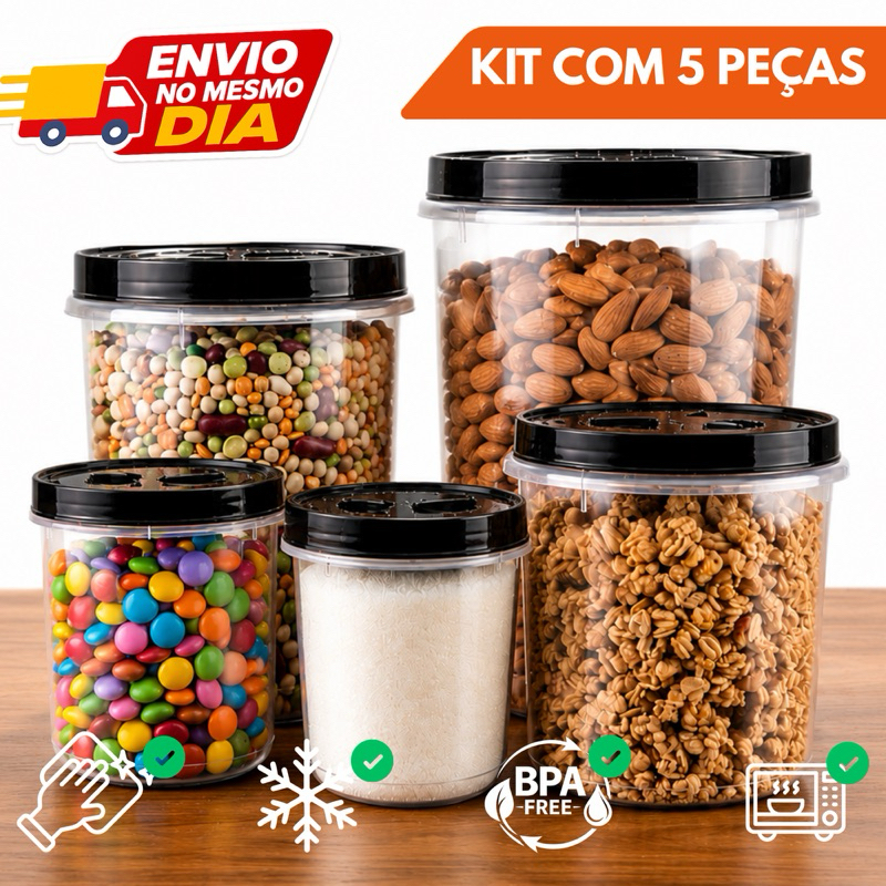 Kit Mantimento Conjunto 5 Potes Com Tampa De Rosca BPA FREE Organizador De Alimentos Pote Hermético