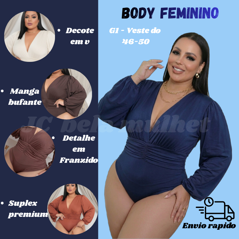 Body Feminino Bufante Suplex Manga Longa Plus Size G1 (46-50) Elegante Confortavel Decote En V
