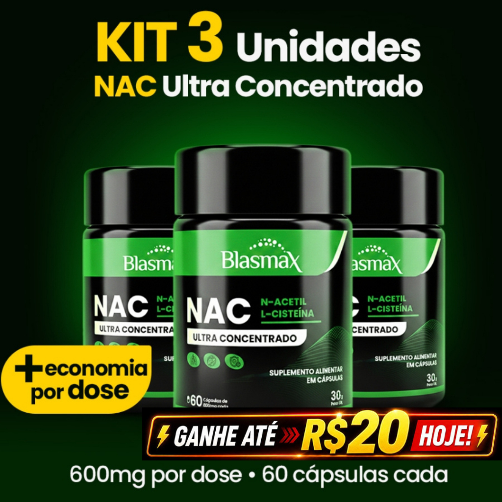 NAC 600mg – Kit 3 | N-Acetil L-Cisteína Saúde do Fígado, Imunidade e Detox - 180 Cápsulas Original