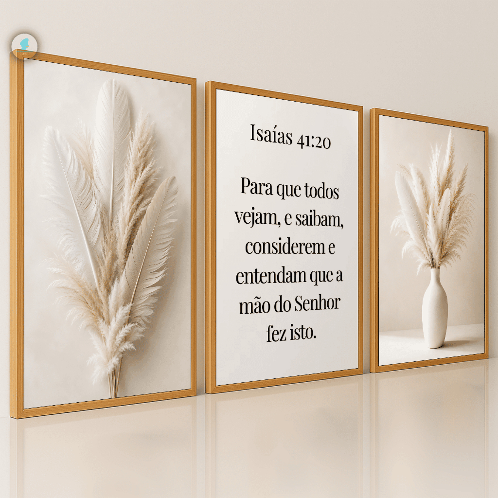 Quadros Decorativos Trio Vasos Ramo Bíblico Isaías 41:20 Moderno 3D Sala Quarto
