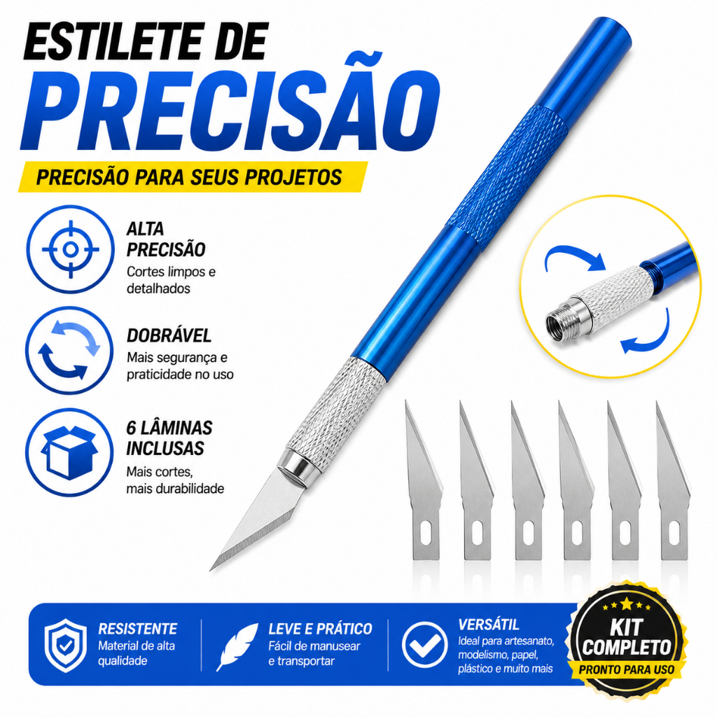 Estilete de Precisão Dobrável Inox com 6 Lâminas Artesanato Profissional