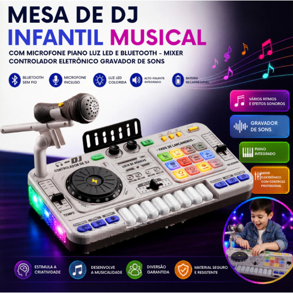 Mesa de DJ Infantil Musical com Microfone, Piano, Luzes LED e Bluetooth – Controlador Eletrônico com Mixer e Gravador