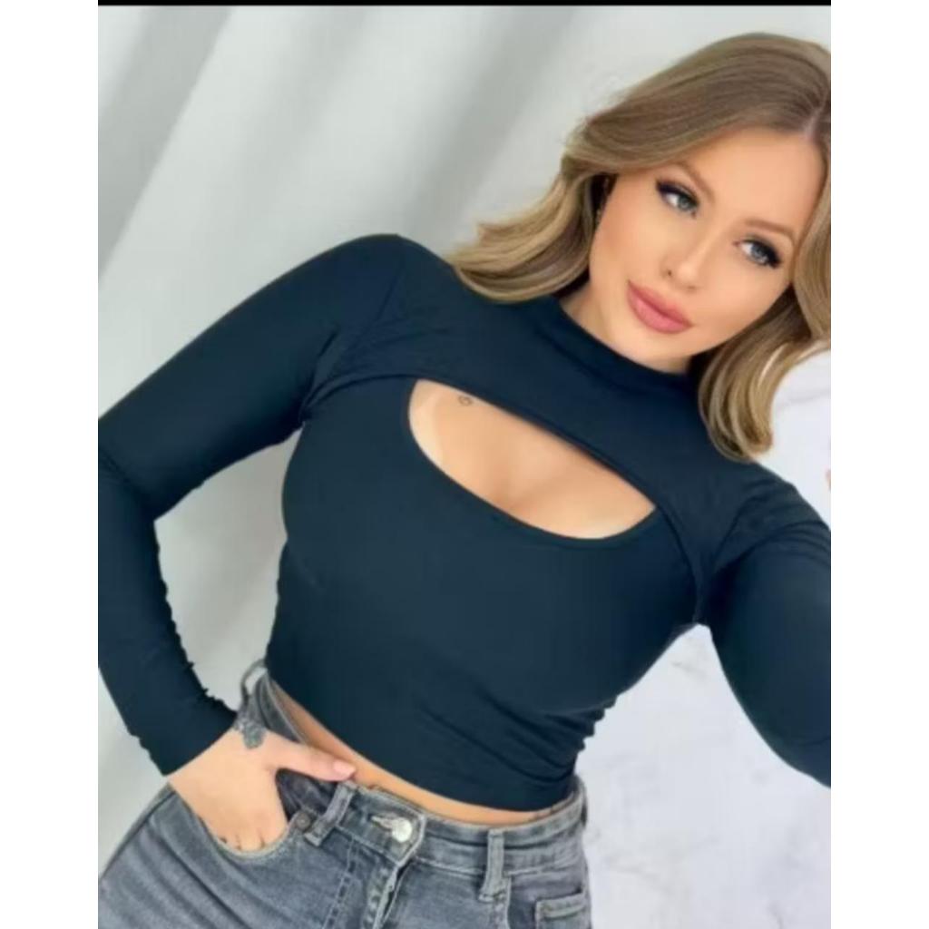 Blusa Cropped Feminino Manga Longa com Decote Frontal – Elegância e Sensualidade