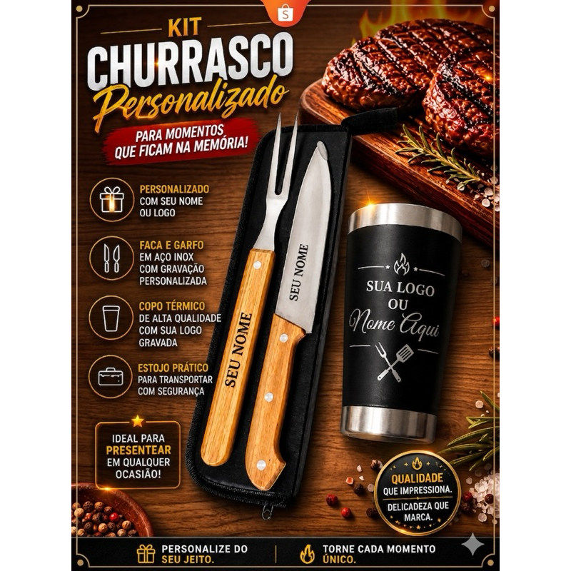 Kit churrasco Premium  3 em 1 Personalizado + copo térmico 473ml, personalizado com seu nome e logo