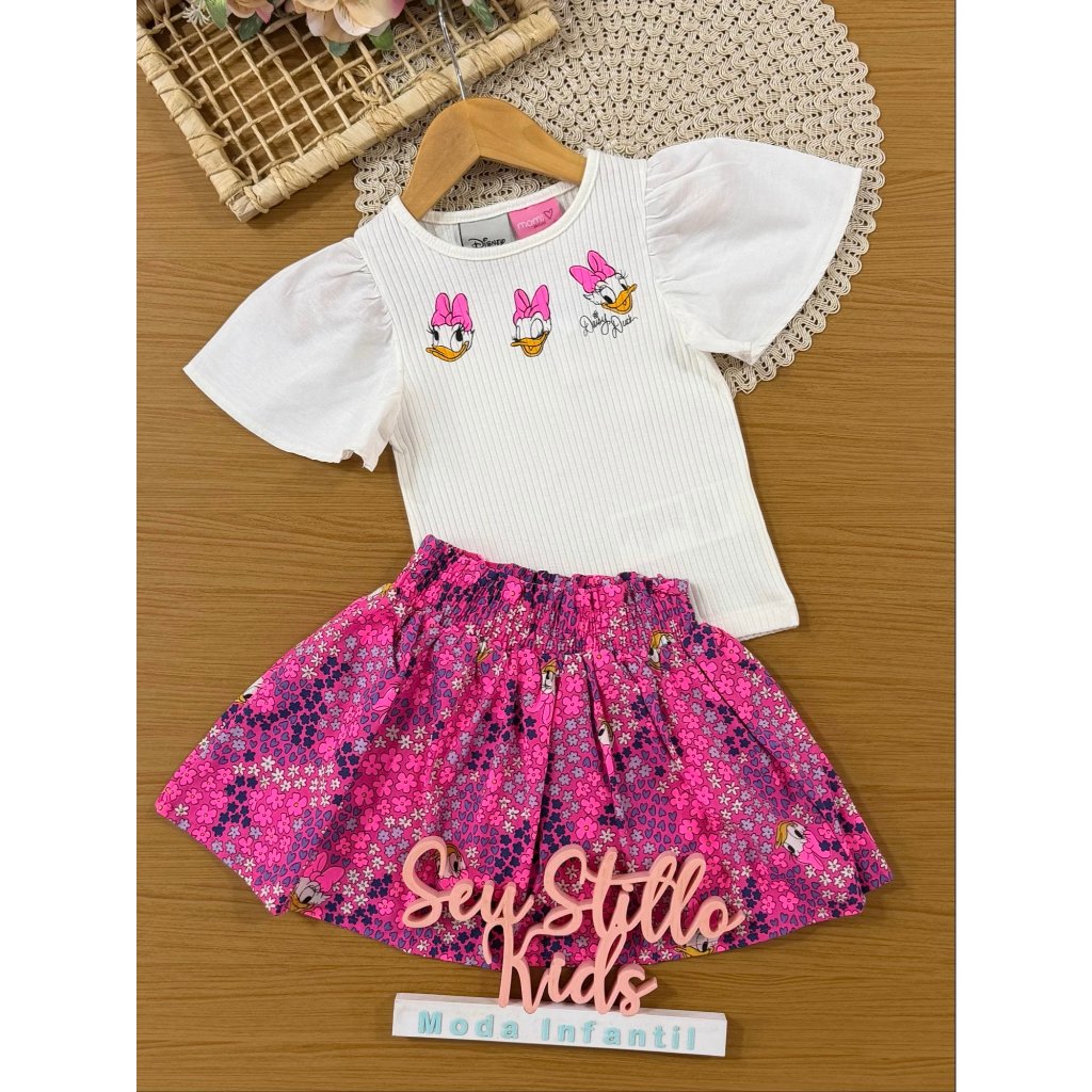 Conjunto Infantil Momi Inverno com Saia Rosa Floral e Blusa Manga Curta Margarida Disney