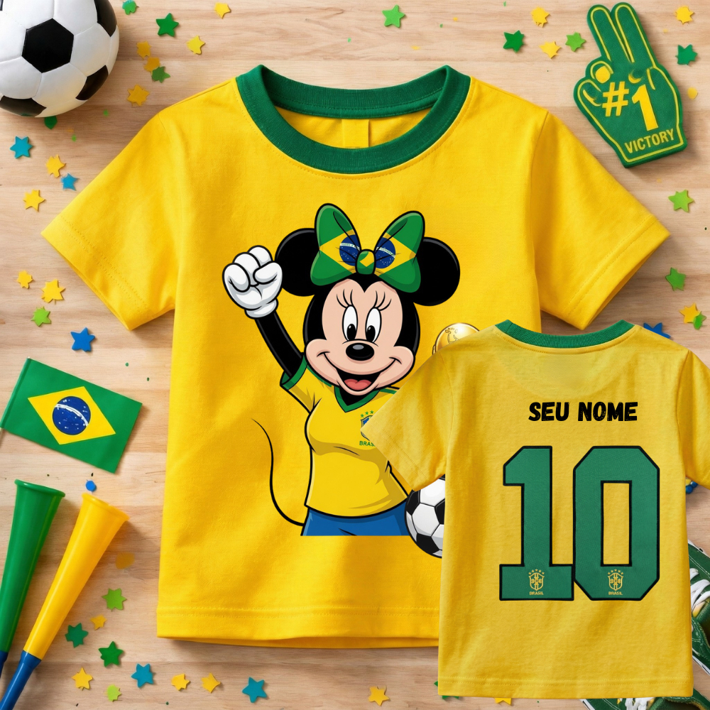 Camiseta Infantil e Adulto Personalizada Com Nome Minnie Minha Copa Brasil Algodão Macio Lançamento