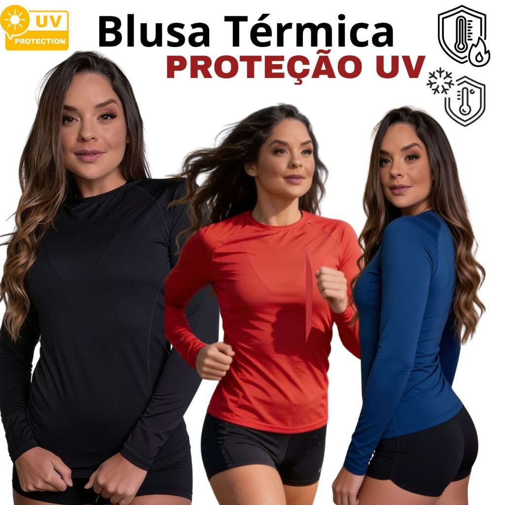Blusa Térmica Feminina UV 50+ Segunda Pele Manga Longa Fitness Camisa Esportiva Academia Corrida