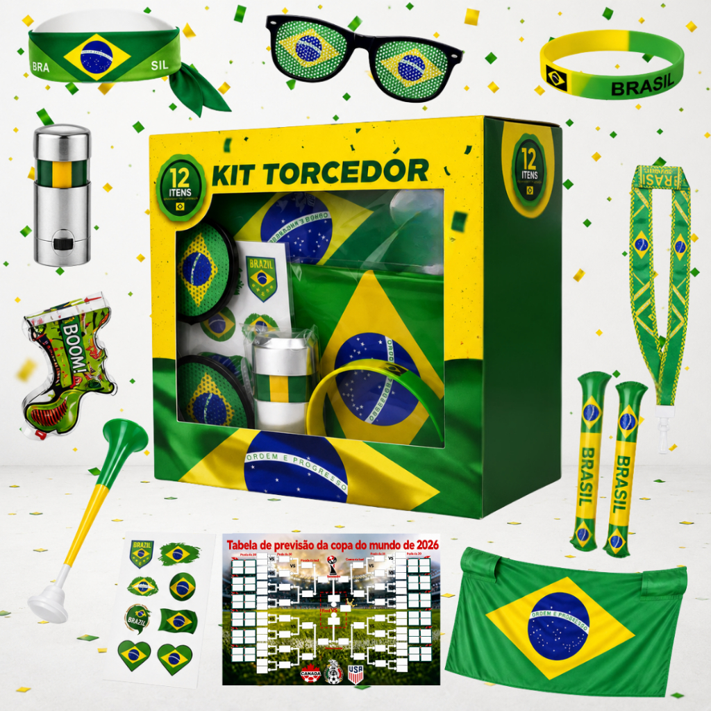 Copa do Mundo 2026 Kit Torcedor Brasileiro Com 12 Itens incluindo Bandeira ，Óculos，Pulseira，Corneta