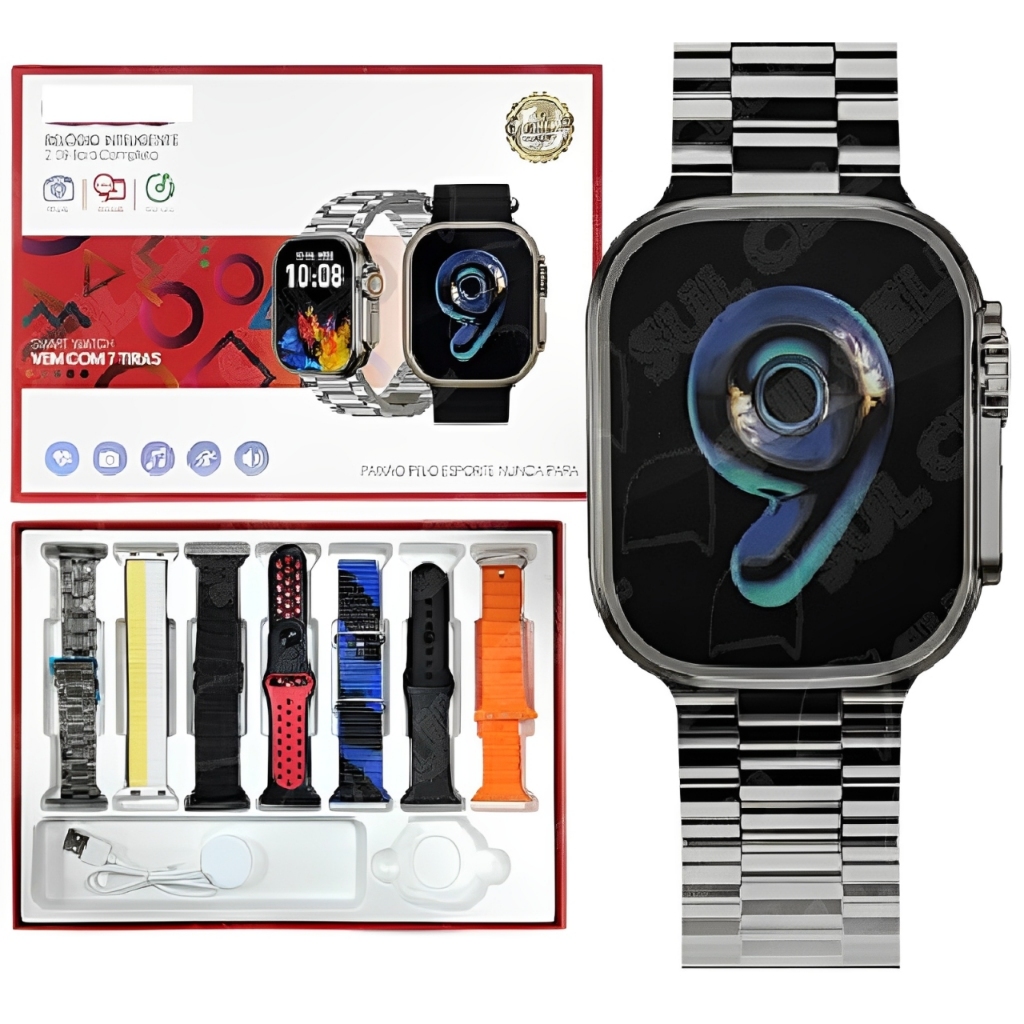 Relógio Smartwatch Ultra 49mm com 7 Pulseiras Bluetooth Chamadas Tela Touch HD Compatível Android iPhone