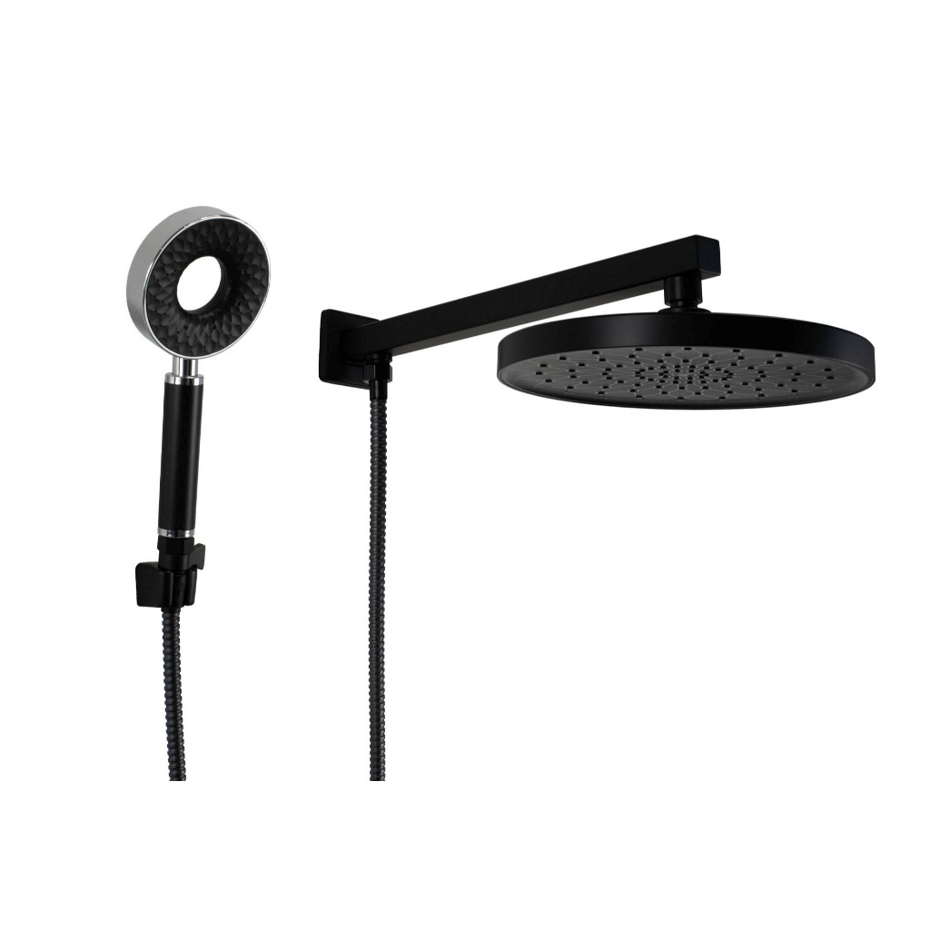 Ducha em ABS Redonda Black Matte 25 cm com Desviador Embutido Quadrado com Ducha Manual com 3 Jatos