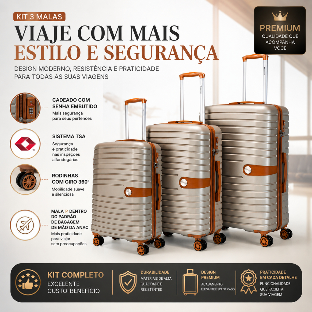 Kit 3 Malas de Viagem P M G Bordo Primicia ANAC com Cadeado TSA Rodinhas 360° ABS Resistente Rígida