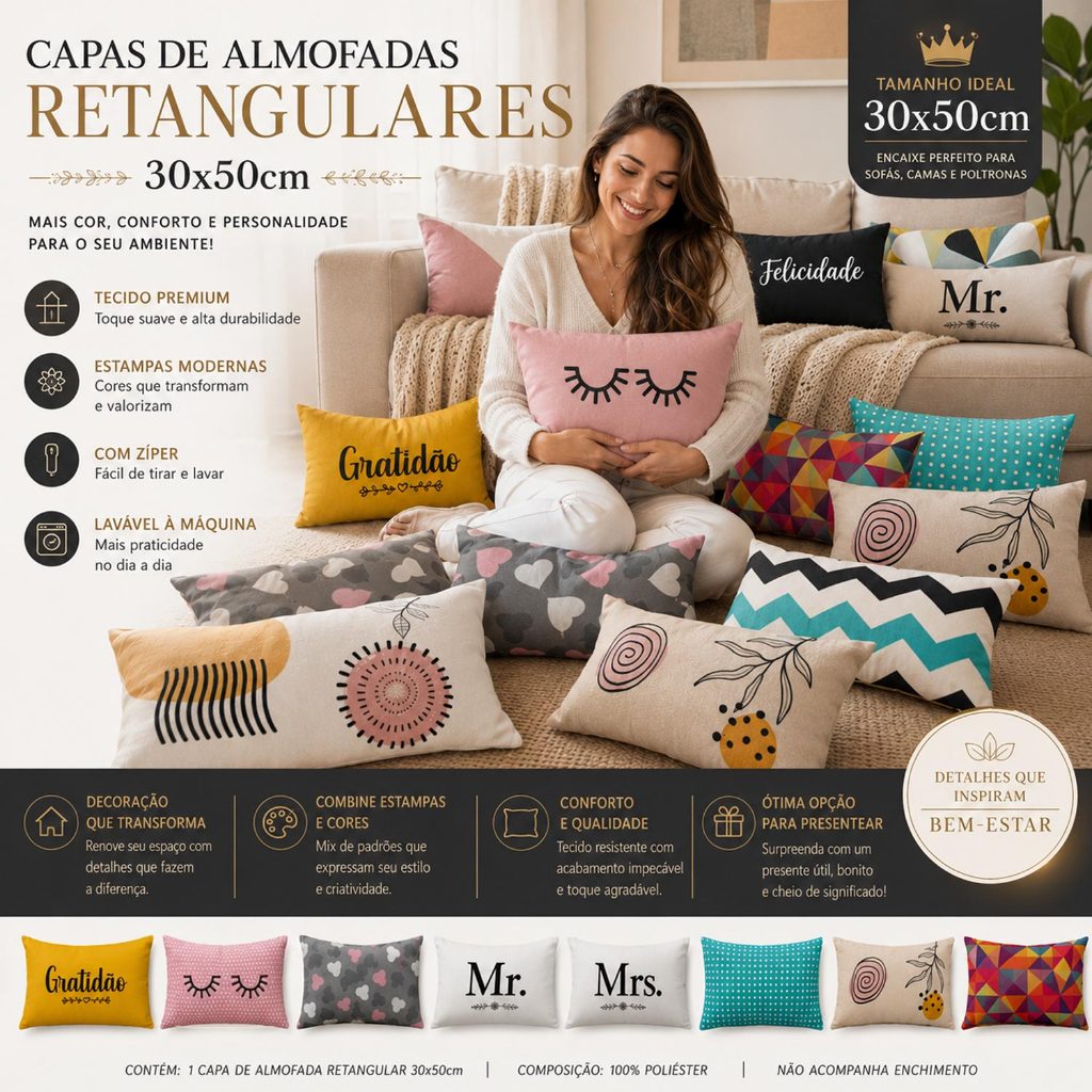 Capas de Almofadas Retangulares e Decorativas Para Sofá Vários Modelos 30x50 - VaiPraMix