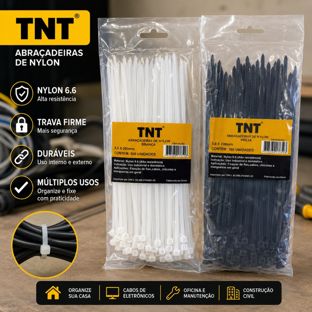 Kit 100 Abraçadeiras de Nylon Branca/Preta Enforca Gato Fita Tipo Hellerman TNT