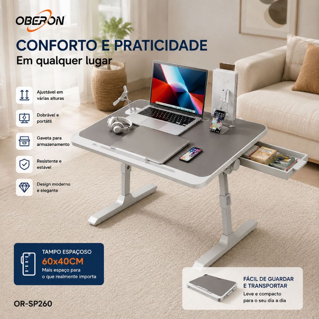 Mesa Suporte De Notebook Portatil DOBRÁVEL Ajustável com Gaveta Apoio Livro Portátil OR-SP260