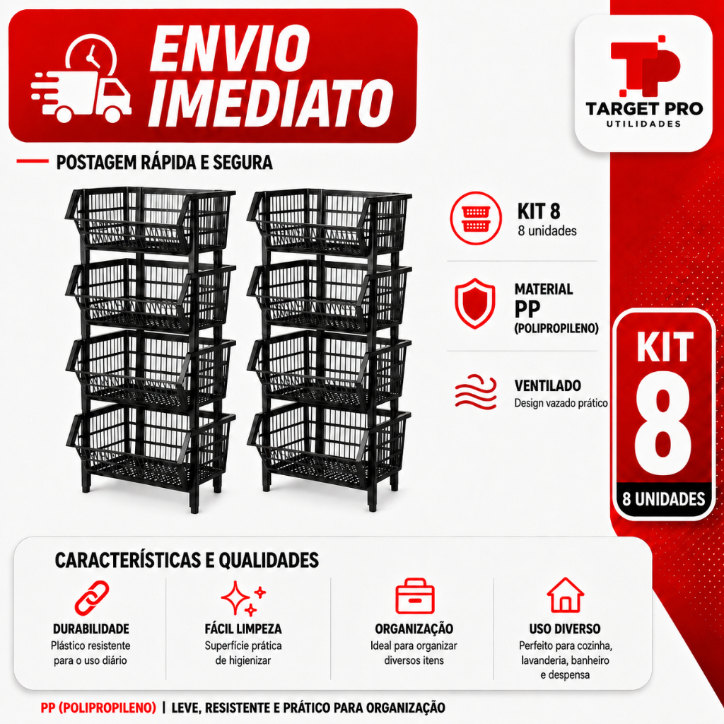 Kit 8 Cestos Expositores Empilháveis N2 44cm Preto Forma Estante Organizadora Para Estoque